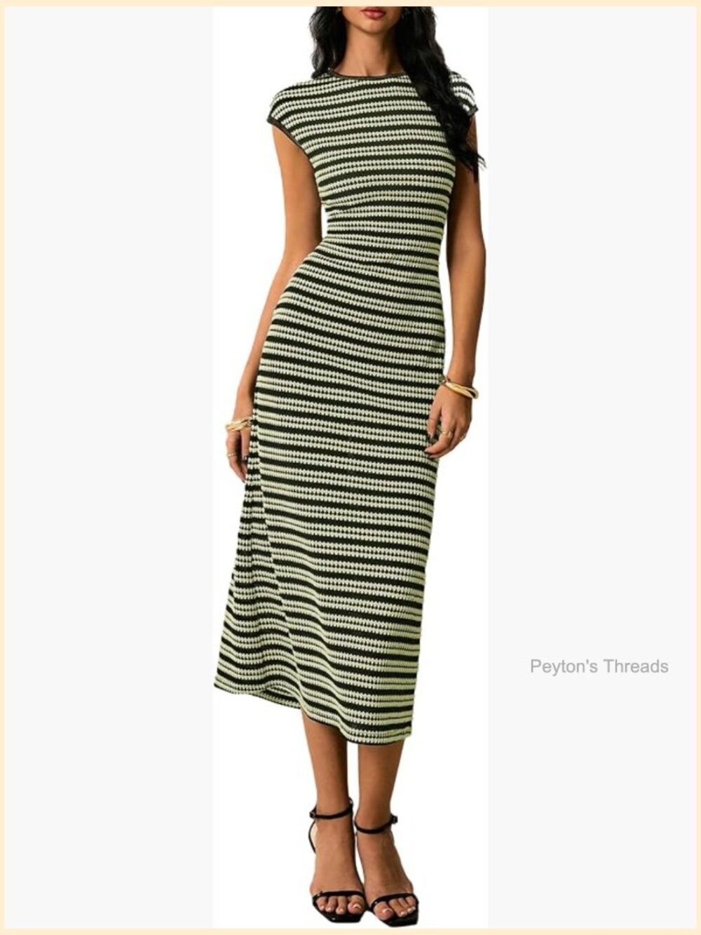 Striped Midi Dress Cap Sleeve Crew Neck Pull-On Casual Summer Work